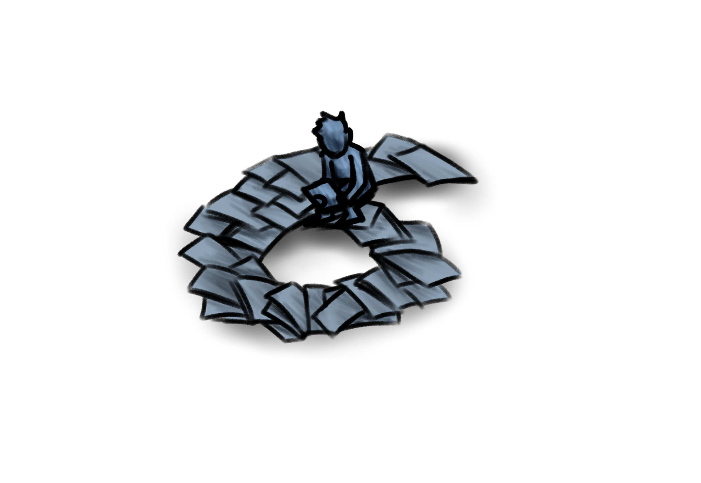 A illustrated figure sits cross-legged on a spiral of curling papers that form a ring around a dark central void, against a black background.