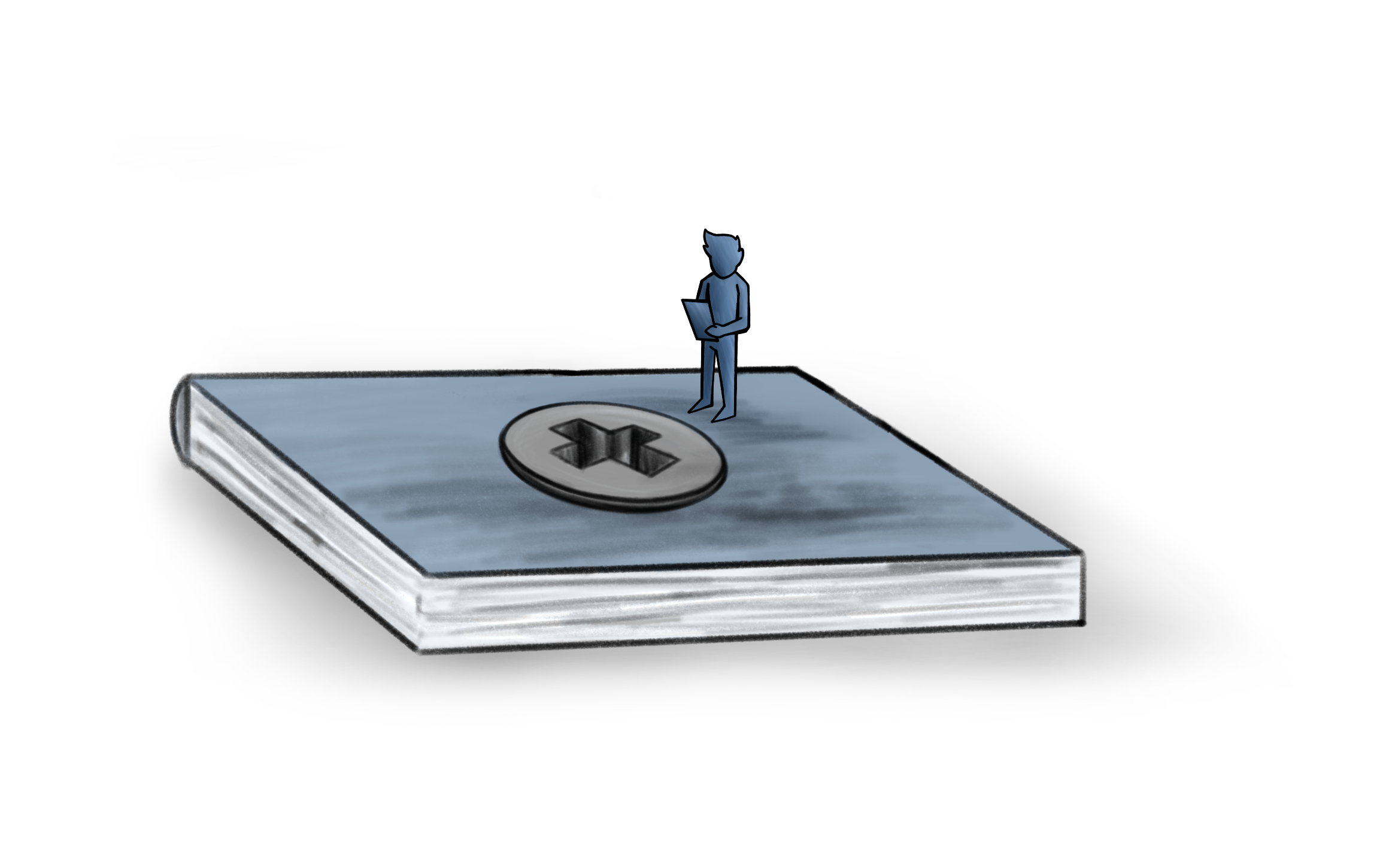 An illustration of a small blue human figure standing on a giant closed book beside an oversized screw head set into its cover.