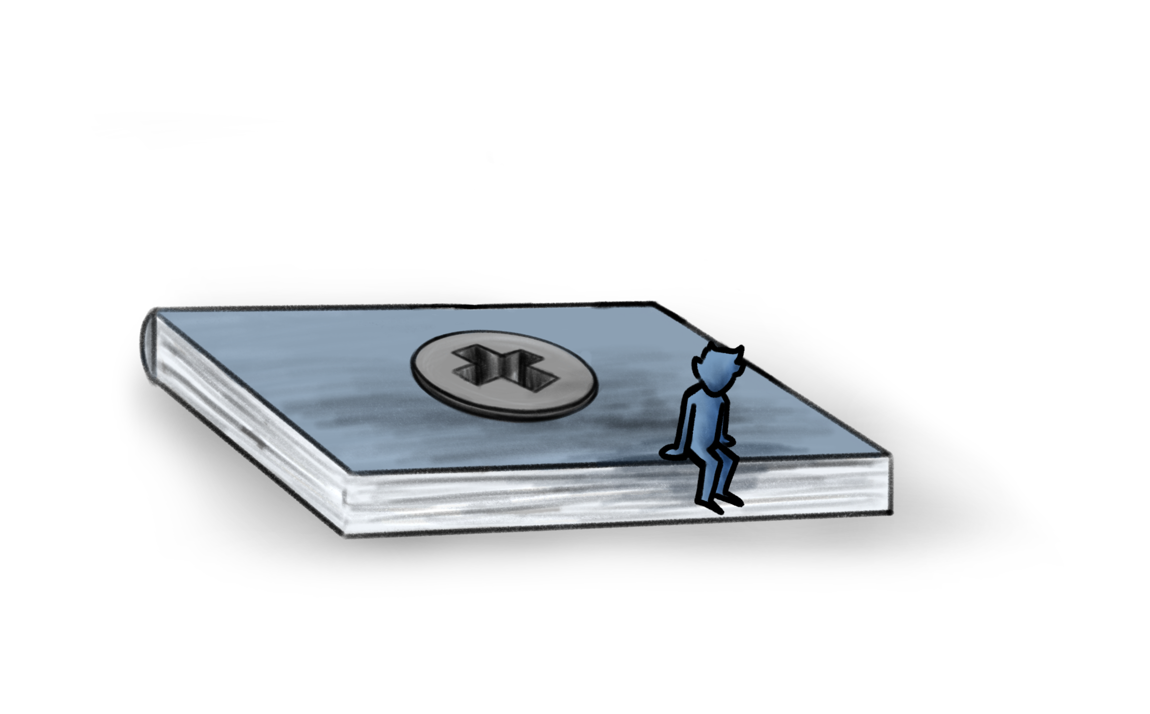 An illustration of a closed book with a large screw head on its cover, with a small blue figure sitting on the edge of the book.