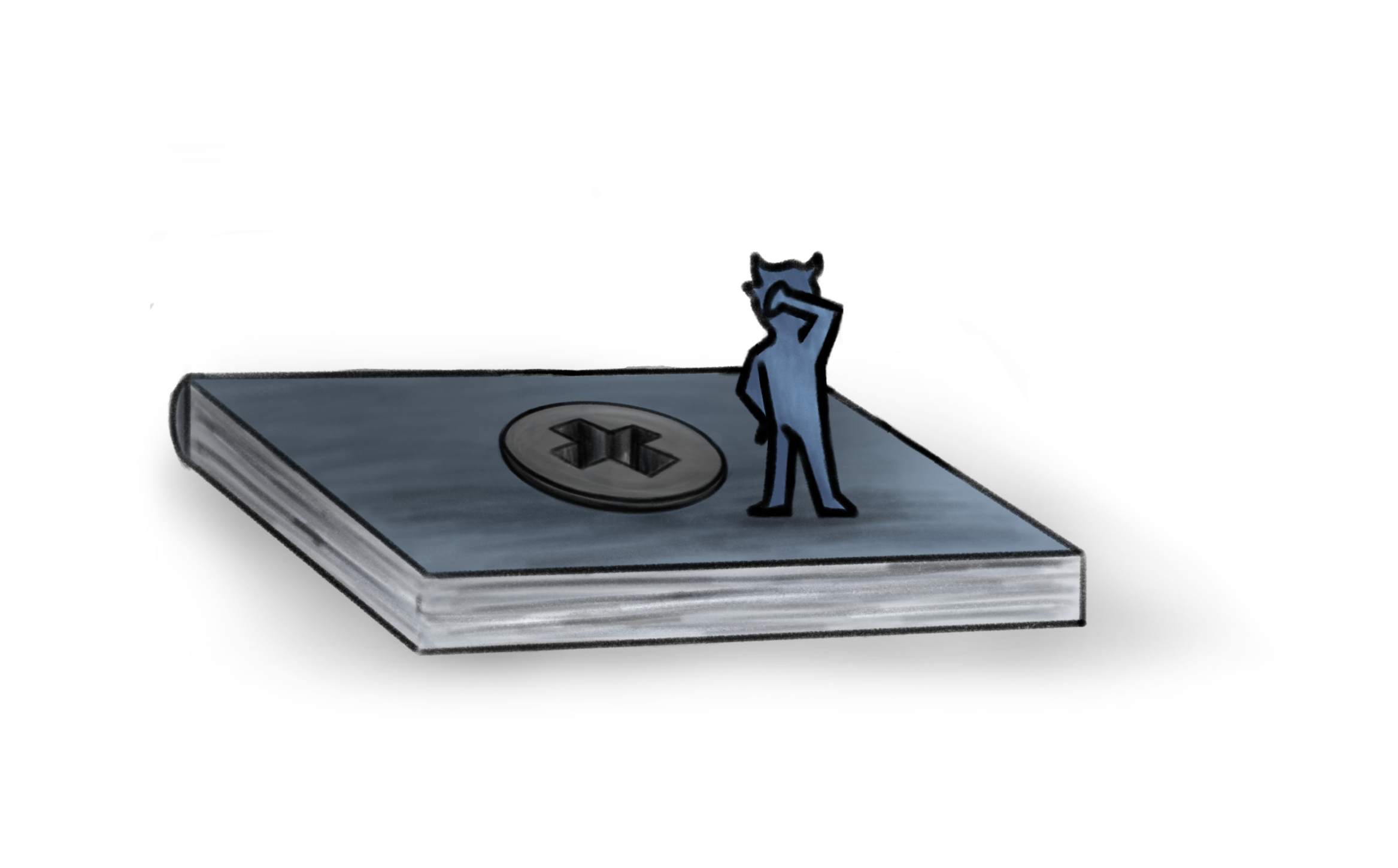 An illustration of a closed book lying flat, with a large screw head on its cover and a small standing figure next to it scratching its head.