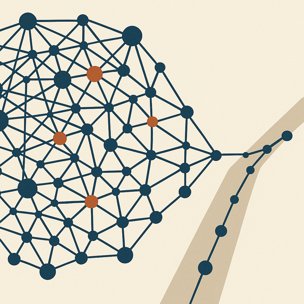 Abstract editorial illustration of a tangled network of connected nodes growing heavier on one side while a path forward narrows and stalls