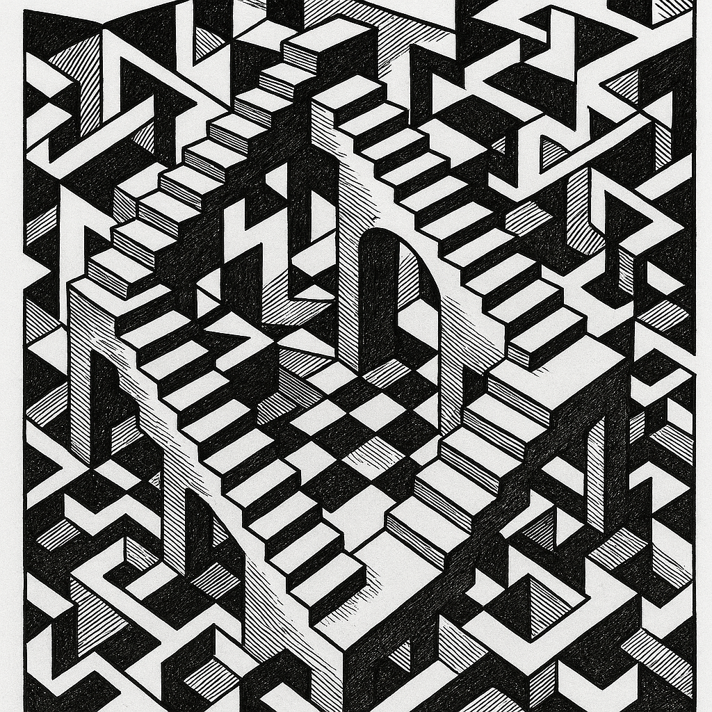 A black-and-white optical illusion artwork featuring an impossible staircase that appears to loop back on itself.