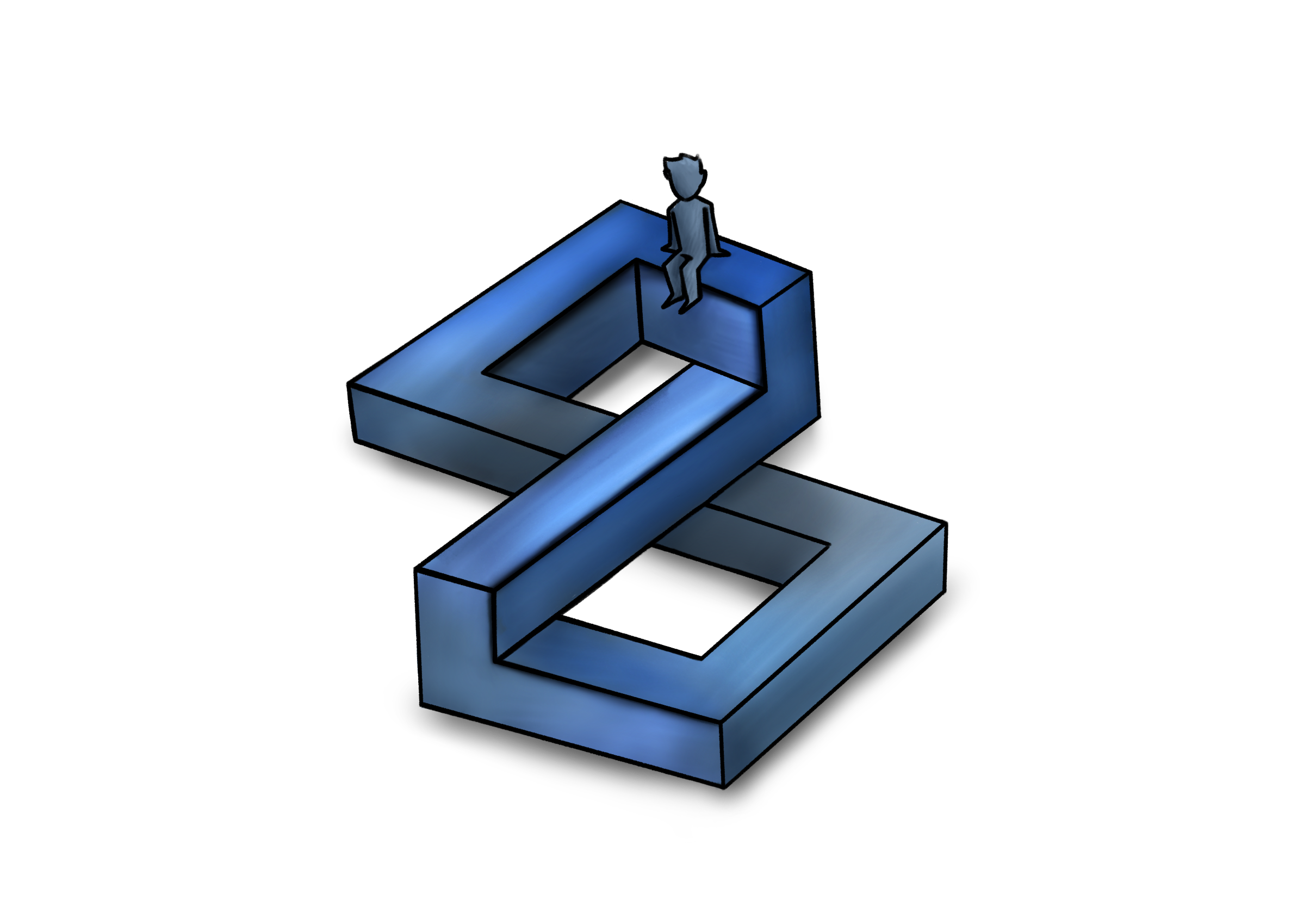 A small human figure sits on top of a blue impossible-geometry structure resembling an endless looping staircase or beam, isolated against a black background.